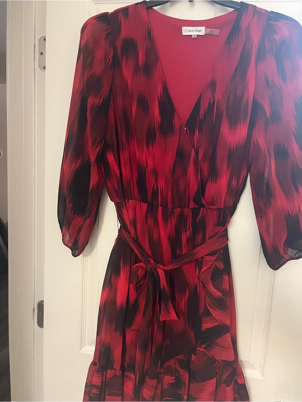 Calvin Klein Red and Black Printed Midi Wrap Dress